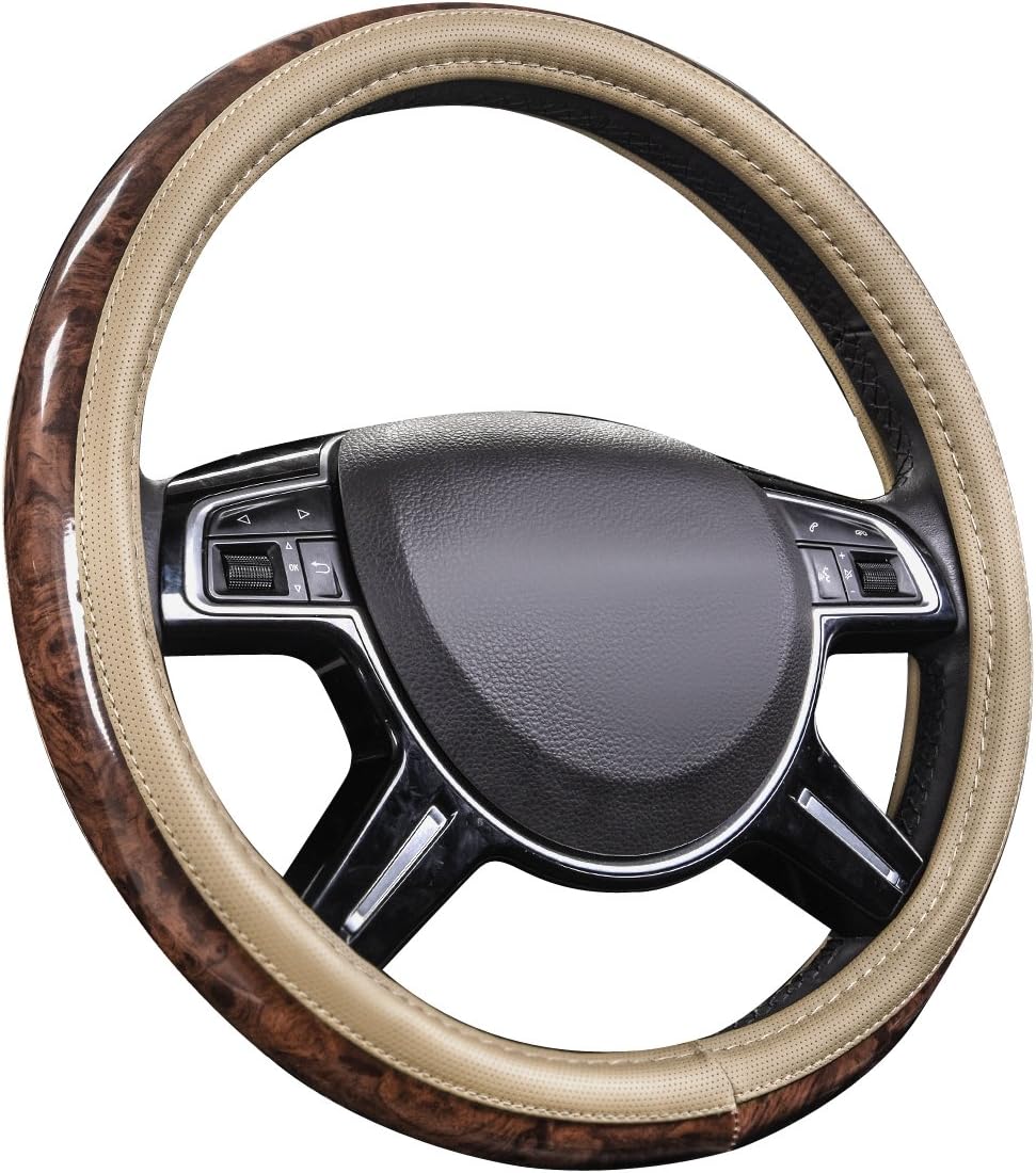 Wood Grain 14.5-15 inch Microfiber Leather Steering Wheel Cover, Anti-Slip Veins Design Steering Wheel Universal Fit for Most Cars, Sedans, SUVs, MiniVans, Small Trusks, Beige